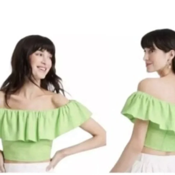 A New Day | Linen Blend Lime Green Off-Shoulder Crop Top - Picture 2 of 10